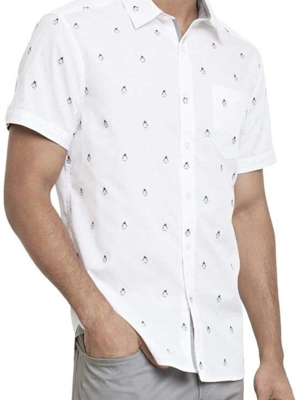 Kenneth Cole New York Men’s Short Sleeve Button Up Shirt – White Penguin Print